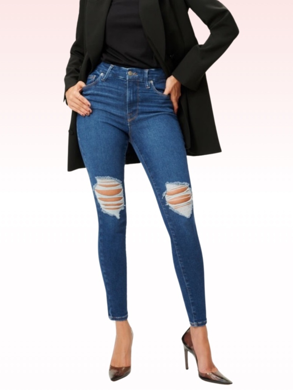 Nwt GOOD AMERICAN distressed knee blue jeans (Sz 10/30)